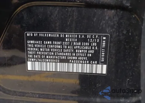 2014 Volkswagen Jetta Sportwagen 2.0L Tdi z USA, uszkodzony, nr VIN 3VWPL7AJ2EM608433